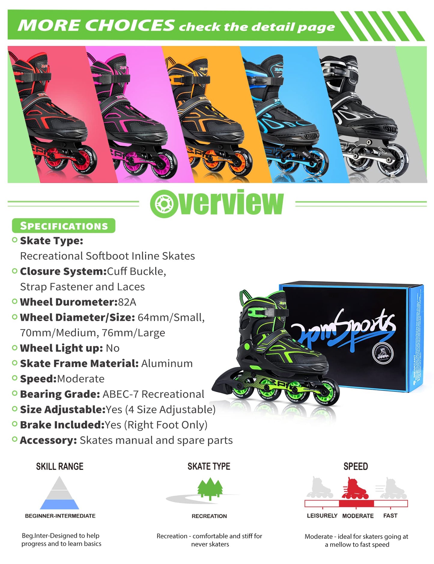 2PM SPORTS Torinx Green Black Boys Adjustable Inline Skates, Fun Roller for Kids, Beginner Roller Skates for Girls, Men and Ladies - Green Medium