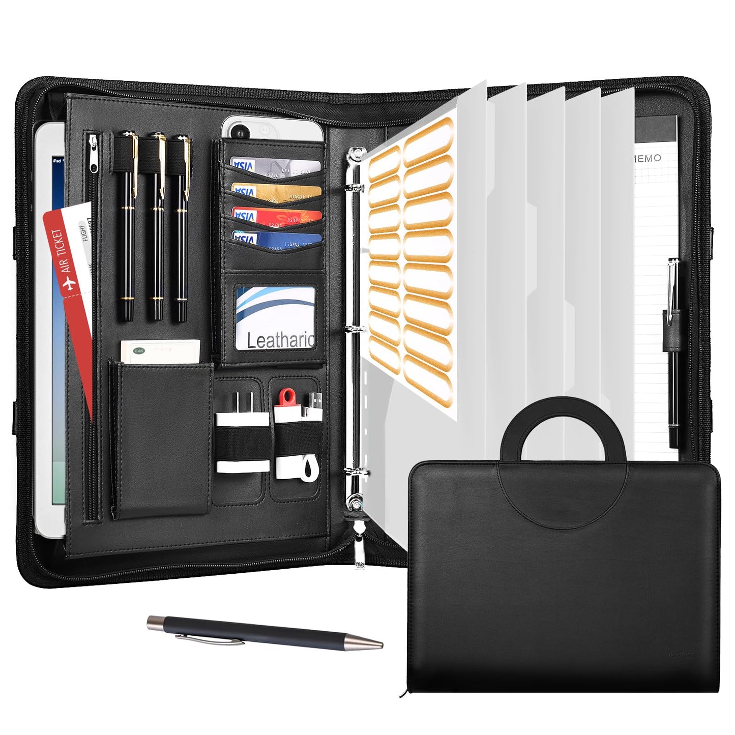 Leathario Portfolio, Vegan Leather A4 Padfolio with Handle, 3-Ring Zipper Binder, Includes 5 5-Tap Binder Dividers, Multi-Pocket Business Folder for Tablets, Files and Notepads, Office Supplies