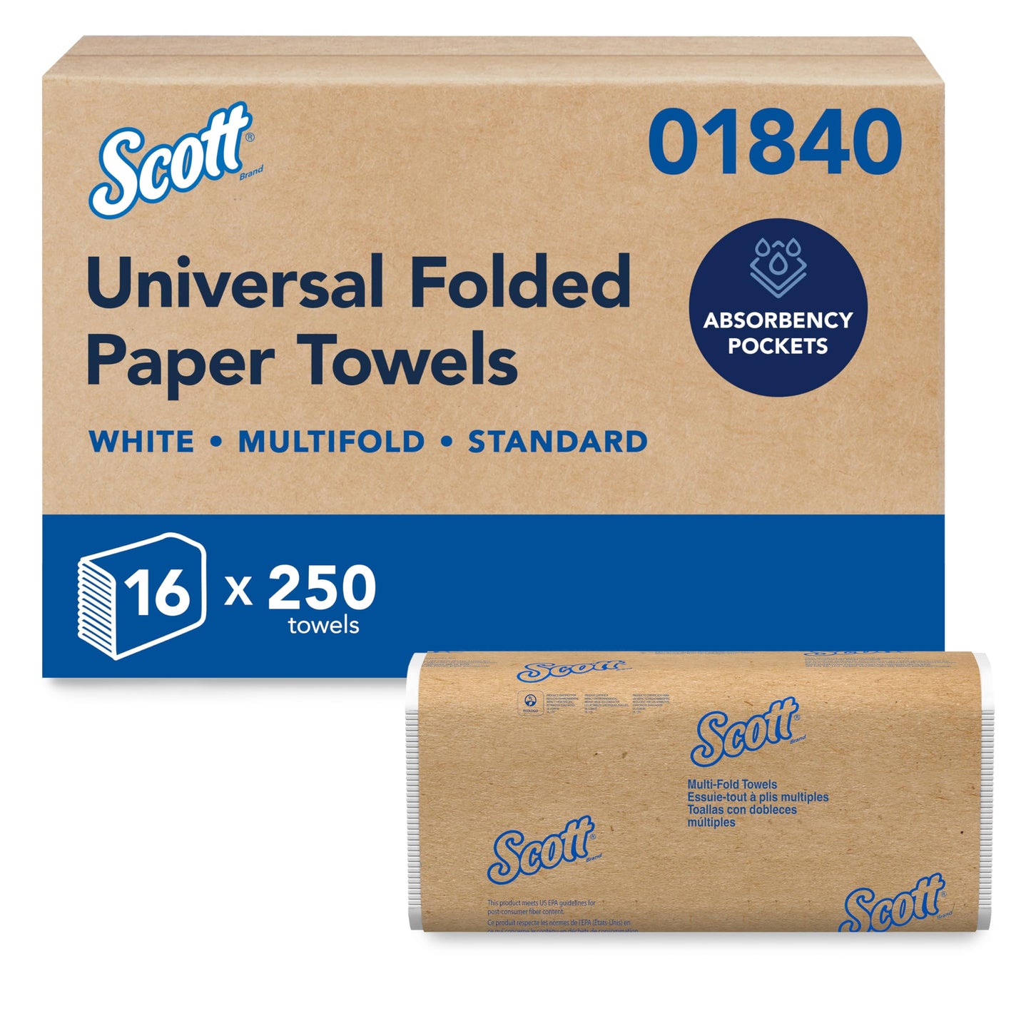 Scott Professional Universal Multifold Paper Towels, Bulk (01840), Absorbency Pockets, White, 9.2"x9.4" Towel, Compressed, Compact (250 Sheets/Pack, 16 Packs/Case, 4,000 Sheet Total)