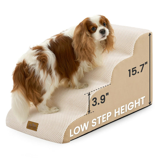 COZY KISS Dog Stairs for Small Dogs 15.7" H, 4-Step Slope Dog Ramp for Bed, Couch or Chair, Sturdy Pet Stairs for Puppy, Older Cat, Cat Stairs with High Density Foam, 15.7x28.3x15.7 inch, Beige