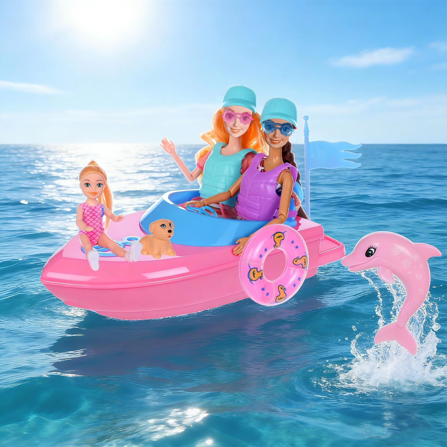 ebuddy Fashion Dolls and Boat Playset - 11.5 Inch Dolls with Swimwear, Life Vests, Accessories, 5.5 Inch Doll, Pet Puppy and Dolphin Toy - Summer Beach Adventure Gift Set for Girls
