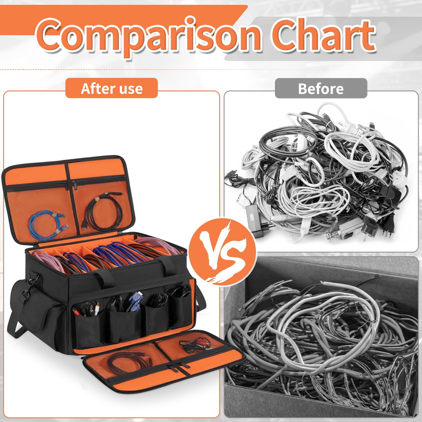 Cushioned-Bottom Cable case with Removable dividers, Featuring Multiple Pockets for Audio Equipment, DJ Gear, and Musician Accessories. (Orange, L-51x30x30CM)