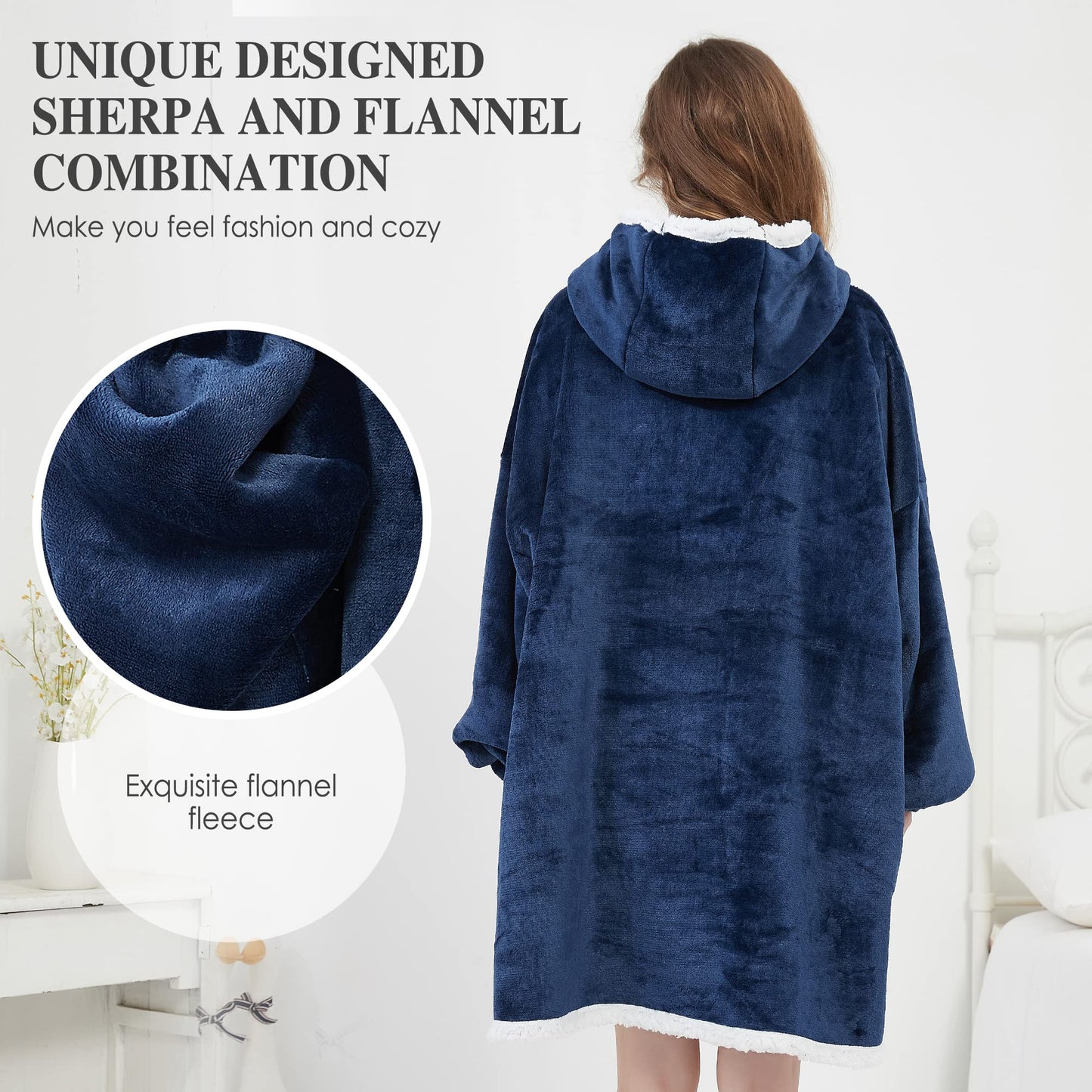 Viviland Hoodie Sherpa Blanket Sweatshirt Soft Warm Plus Large Front Pocket Tv Blankets for Adult, Navy Blue
