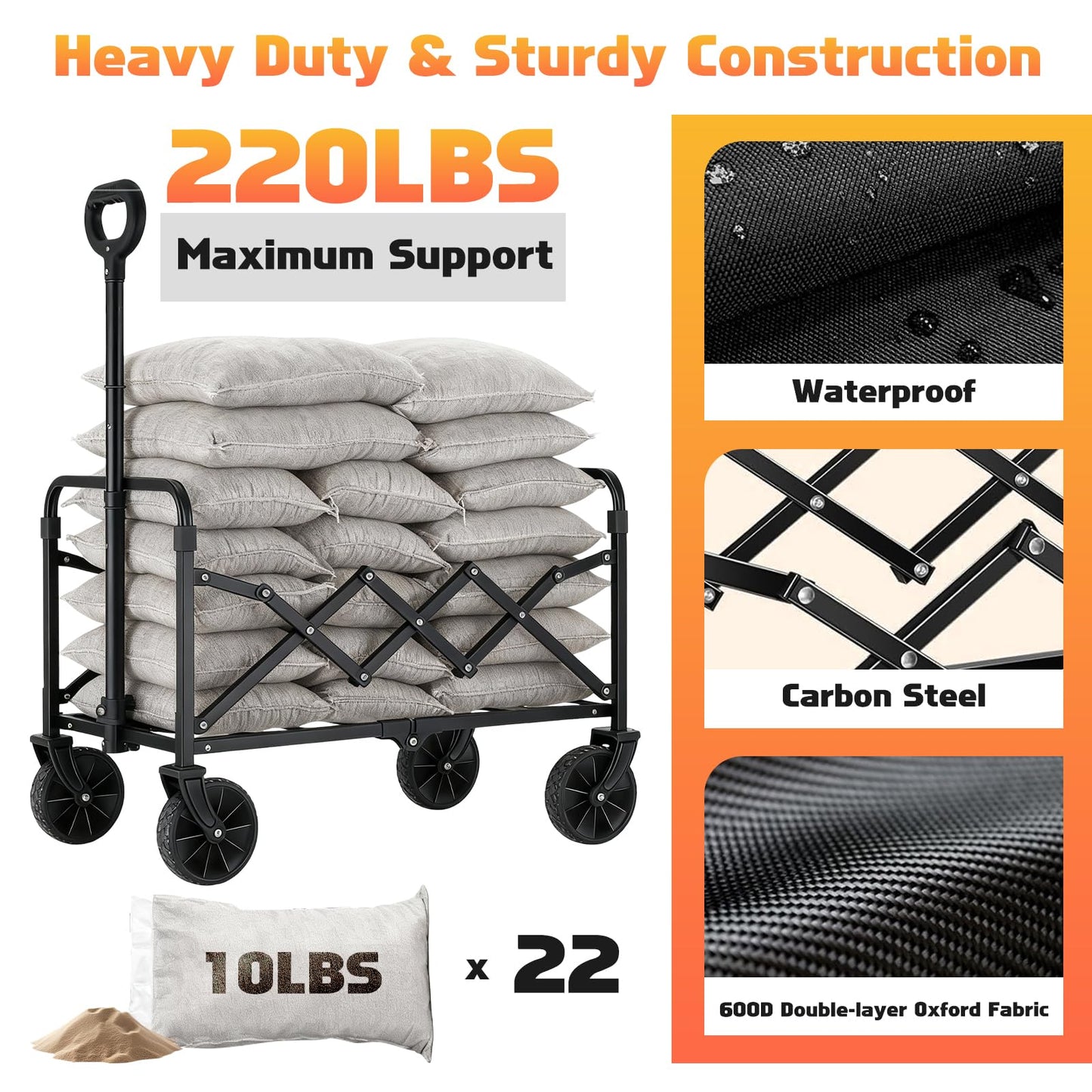 220LBS Collapsible Foldable Wagon Carts - Heavy Duty Portable Folding Utility Wagons with All-Terrain Wheels for Grocery Sports Shopping Camping Garden Beach, 2 Drink Holders/Lightweight/Black