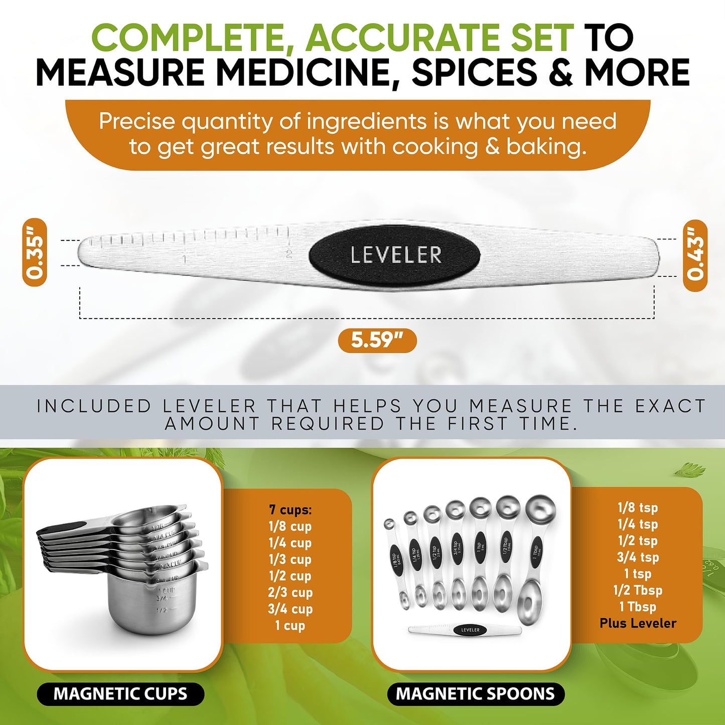 Spring Chef Stainless Steel Magnetic Measuring Cups & Spoons Set of 15 with Leveler (Patented), Heavy Duty Measuring Cups & Spoons for Baking & Cooking - for Dry & Liquid Ingredients - Black