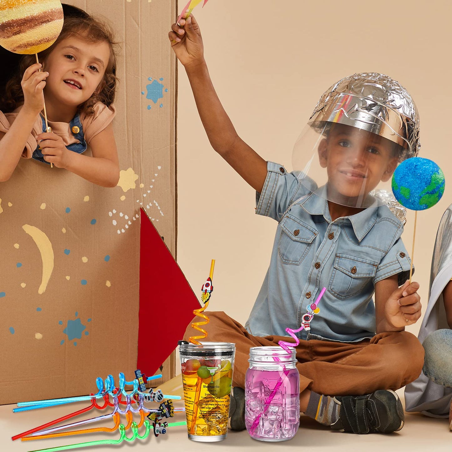 24 Pcs Outer Space Straws Party Favors Reusable Plastic Solar System Rocket Spaceship Astronaut Satellite Planet Straws for Space Theme Birthday Party Supplies Decorations