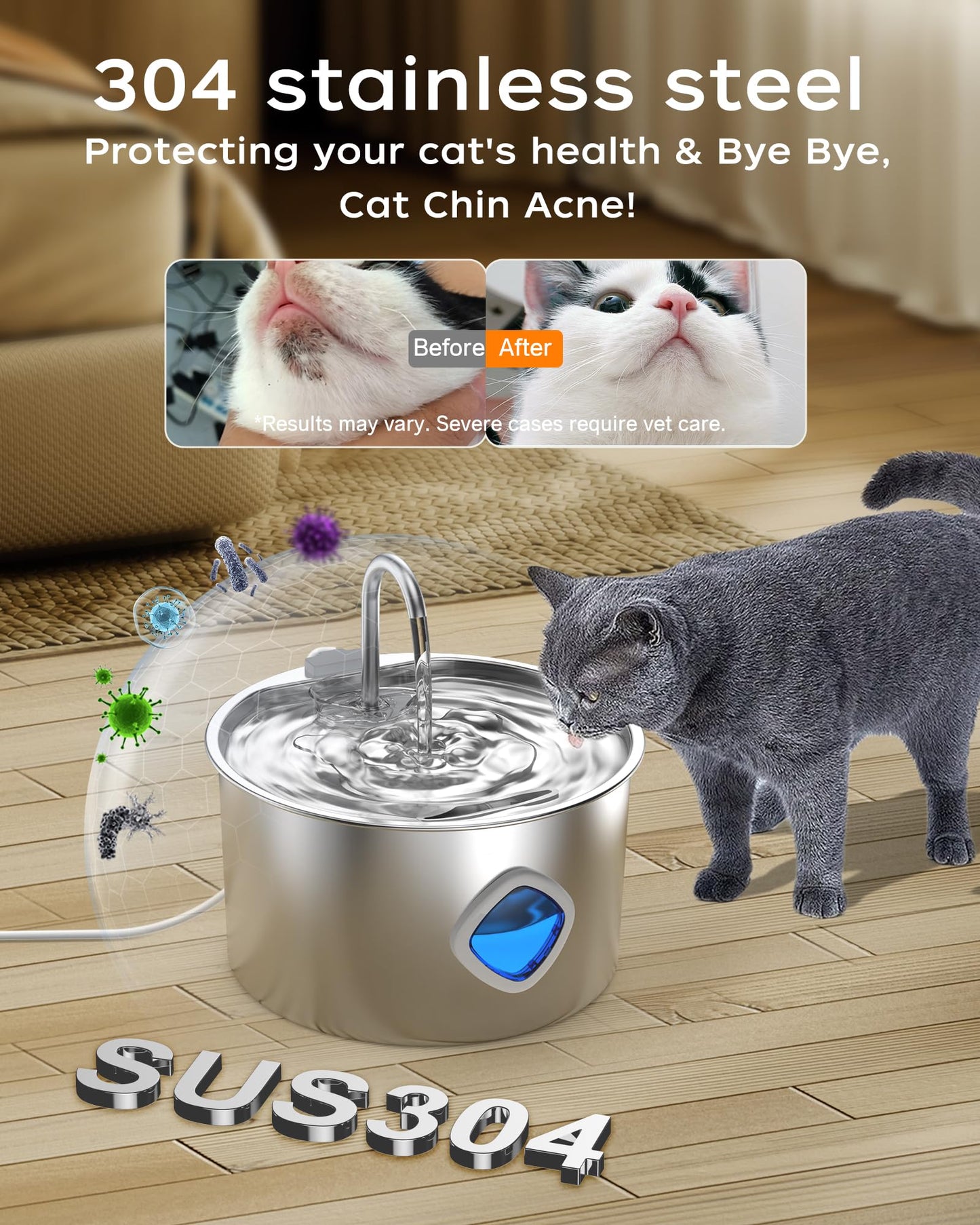 Cat Water Fountain,108oz/3.2L Indoor Pet Fountain,Automatic Stainless Steel Cat Fountain Quiet Pump Dog Water Dispenser Includes 4 Filters and 4 Sponges