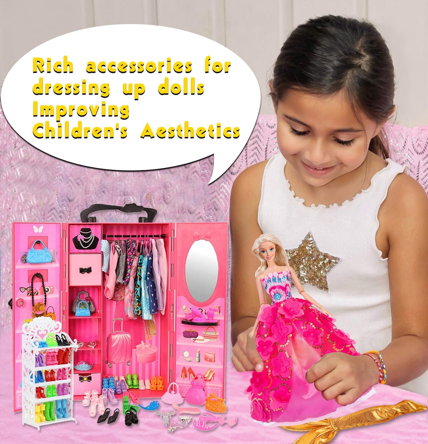 ebuddy 105 Pcs Doll Clothes and Accessories 11.5 Inch Doll Closet Including 12 Looks, Rack Dress Shoes Hangers Necklace and Other Accessories(No Doll)