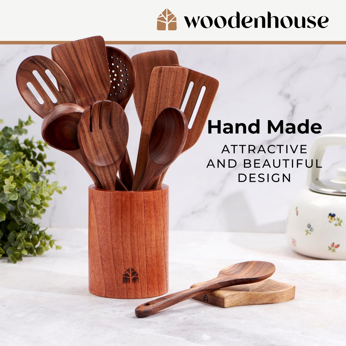 Wooden Spoons for Cooking – Wooden Cooking Utensils Set with Holder, Spoon Rest & Hooks, Teak Wood Nonstick Kitchen Cookware – Kitchen Utensil Set of 12pcs by Woodenhouse