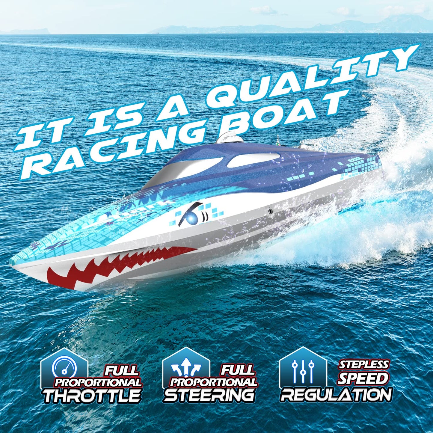 DEERC High Speed RC Racing Boat W/Shark Graffiti, 20+ MPH, Fast Remote Control Boat W/LED Lights for Pools and Lakes, 2.4Ghz RC Shark Toy for Kids & Adults, Demo Mode, Capsize Recovery, Water Toy