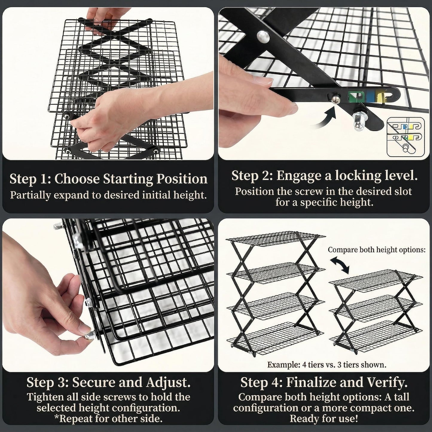 SCDGRW 4-Tier Collapsible Baking Cooling Rack, Small Grid Wire with 3 Adjustable Modes, Non-Stick Heavy Duty Wire Cooling Rack for Roasting, Cooking, Drying