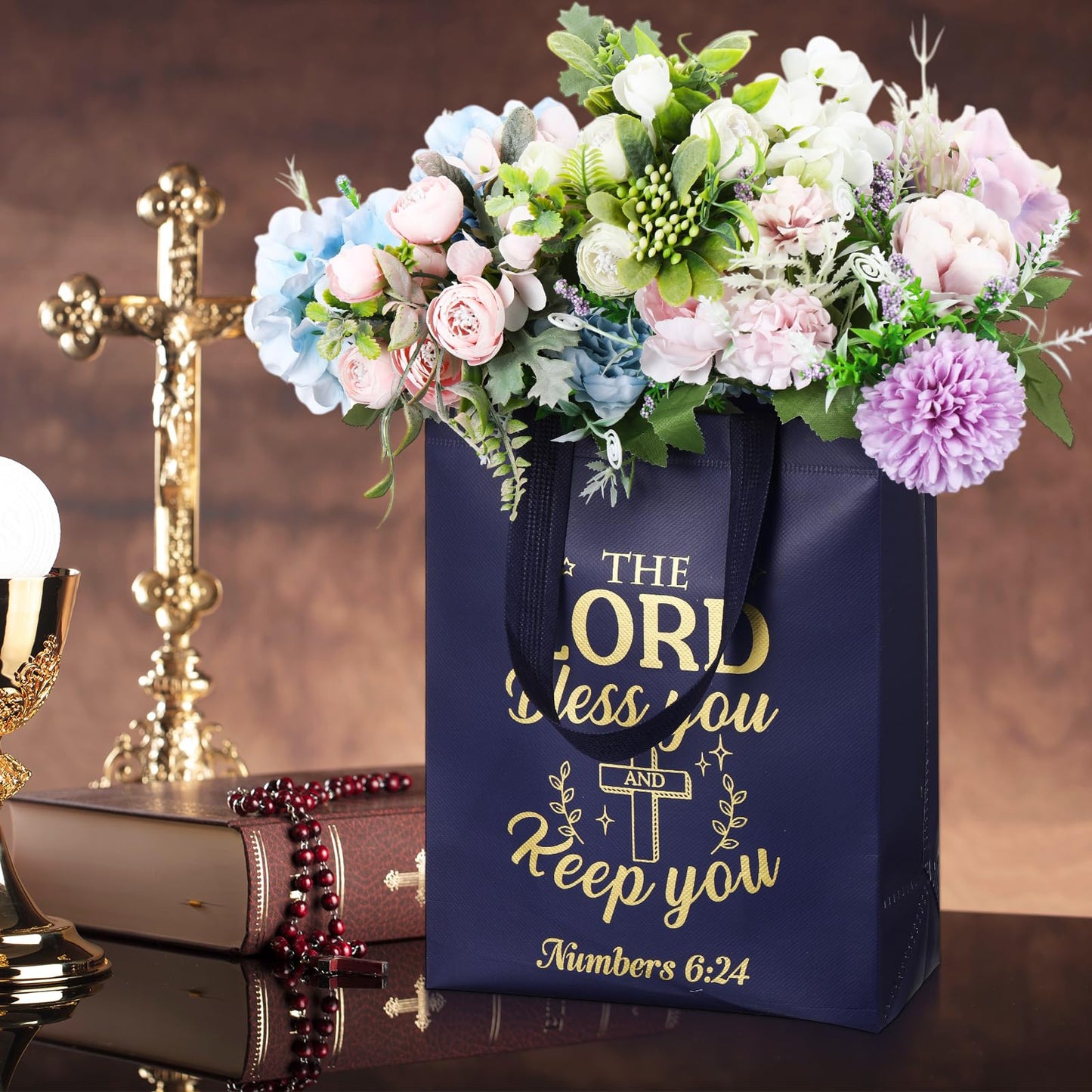 Talltalk 50 Pcs Christian Gift Bag Bulk Reusable Bible Verse Tote Religious Welcome Visitors Church Bags with Scriptures Clergy Pastor Gift for Sunday School Party Favors Christmas(Dark Blue,Medium)