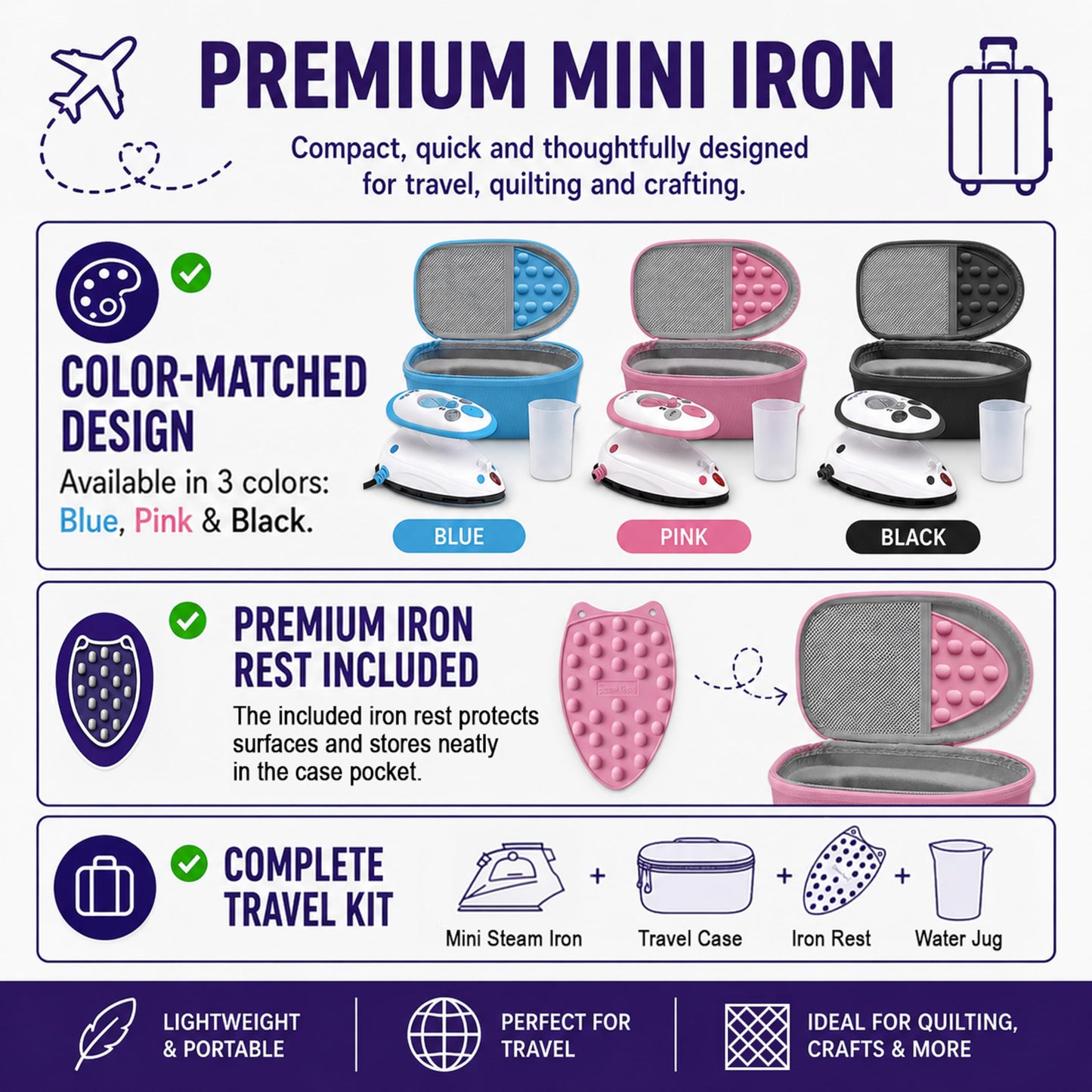 The Quilted Bear Premium Mini Steam Iron - Lightweight Mini Travel Iron for Effortless Quilting & Wrinkle-Free Clothes with Carry Case & Iron Rest - Travel Steamer for Clothes & Crafts (Black) (V2)