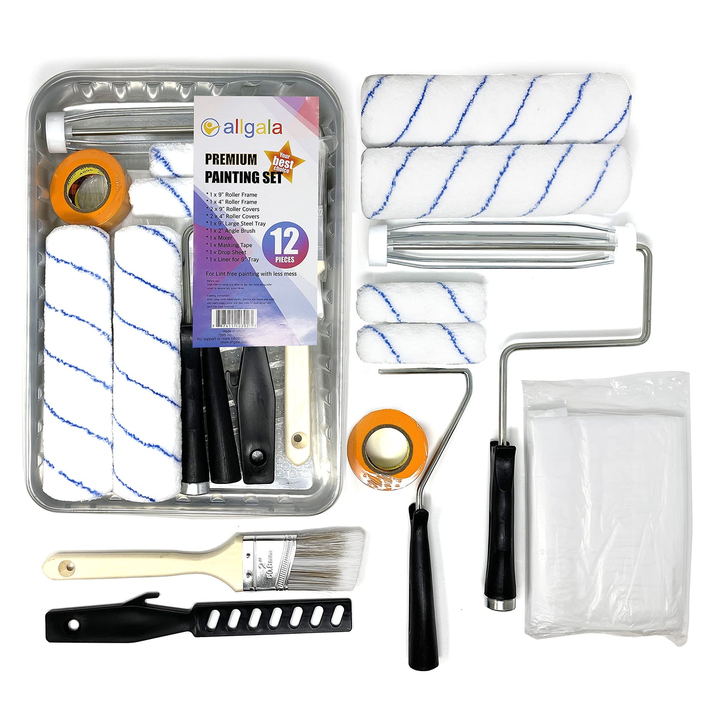 Allgala 12-Piece Premium Painting Roller Kit Set with Roller Frames, Covers, Steel Tray, Brush, Mixer, Masking Tape etc - TH10302
