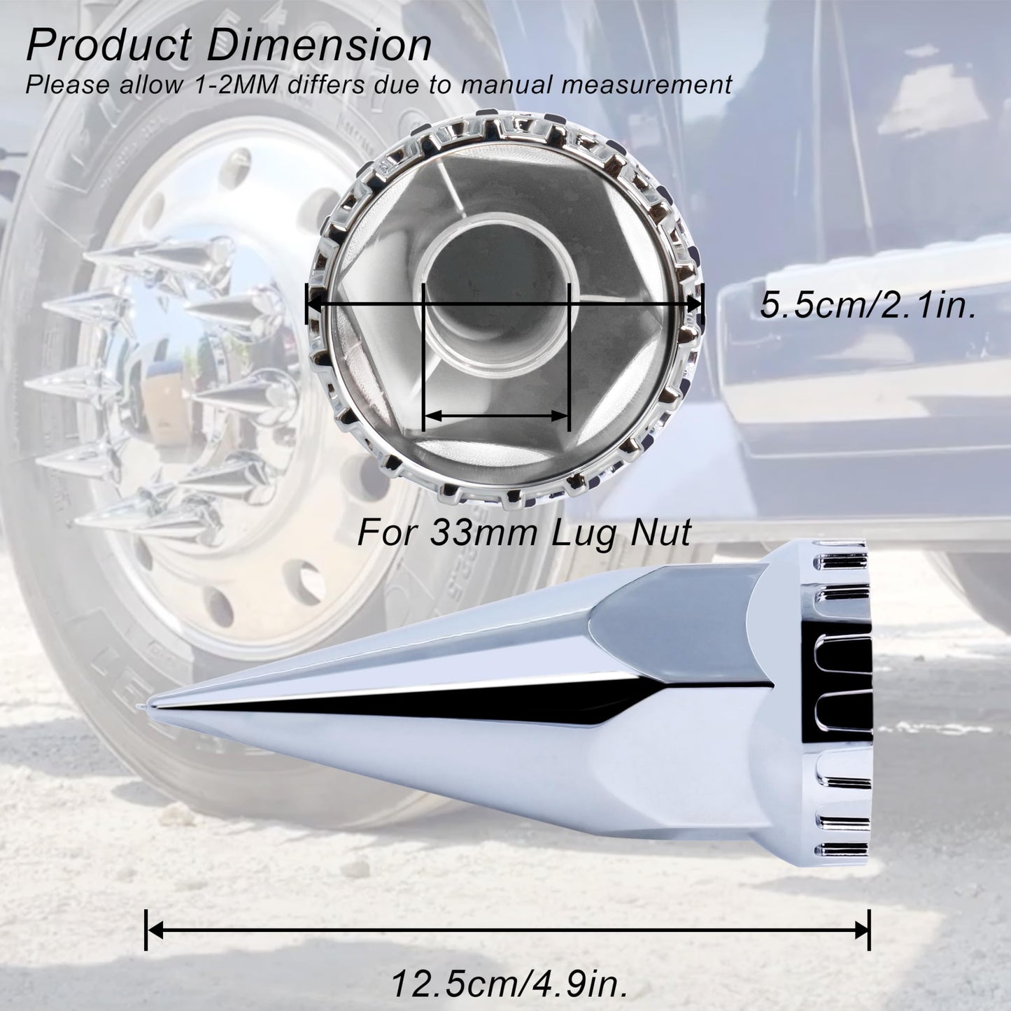 Semi Truck Lug Nut Covers Spike 33mm, Chrome Thread On Spiked Wheel Lug Nuts Covers, 33mm x 4-3/4" Screw-on ABS Plastic Lug Nuts Cover for Trailers(20 Pack)