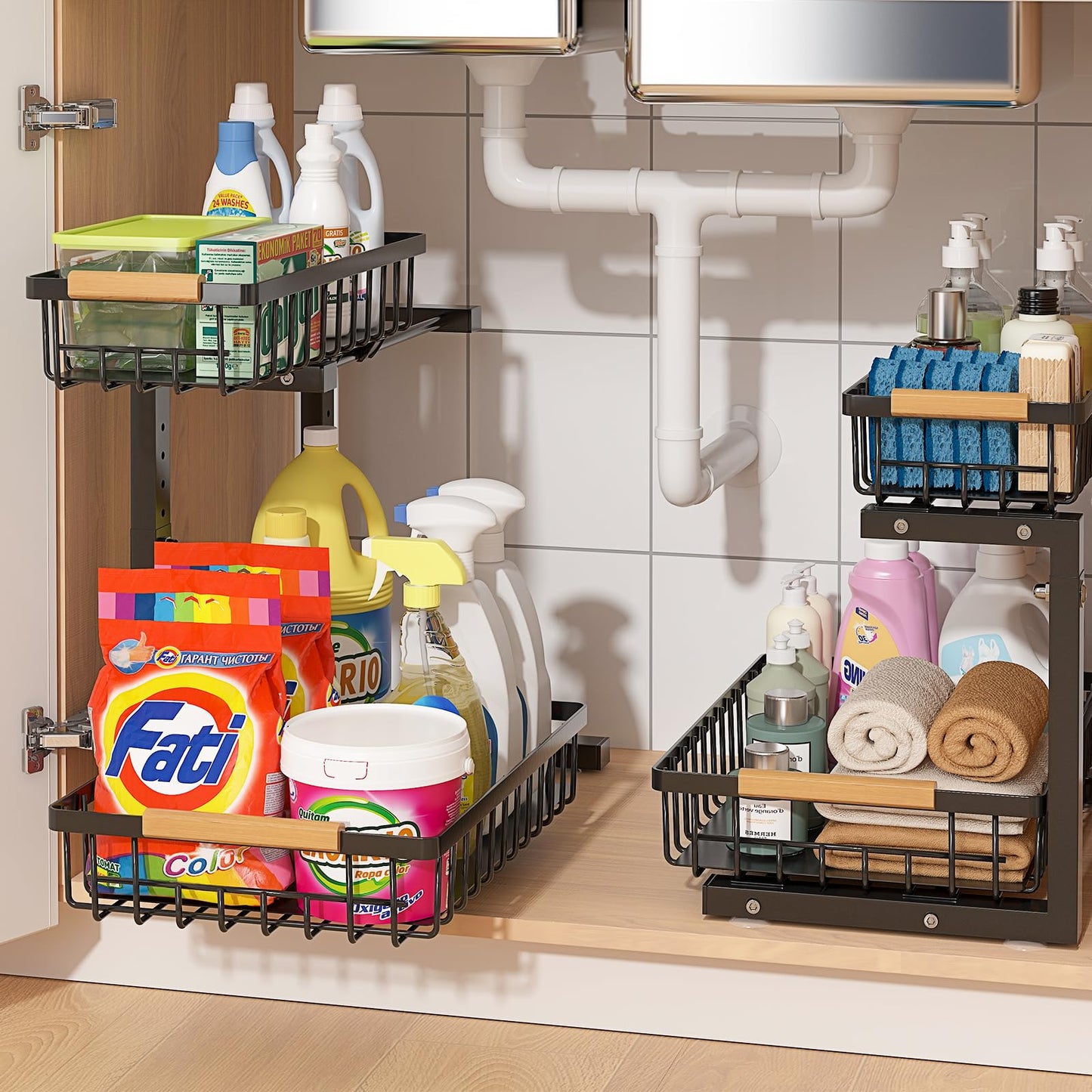 Floridy Under Sink Organizer 2 Packs, 2 Tier Slide Out Large Kitchen Sink Organizers and Storage Height Adjustable Under Cabinet Organizer for Kitchen Bathroom Pantry, Black