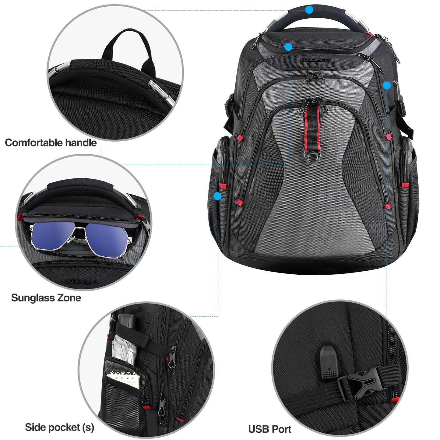 KROSER Hard Shell Travel Laptop Backpack, Water-Repellent Casual Daypack, Durable Business College Stylish Bag for Men and Women, 17.3 Inch ，Black Grey
