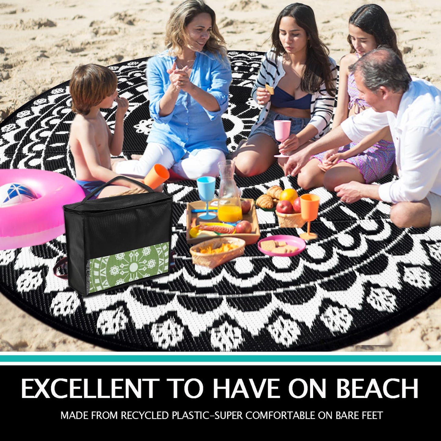 Capslpad Round Outdoor Rug for Patio 8' Reversible Mat Waterproof Plastic Straw Rug Boho Round Indoor Outdoor Area Rug for RV,Backyard,Balcony,Deck,Tent,Picnic,Beach,Camping