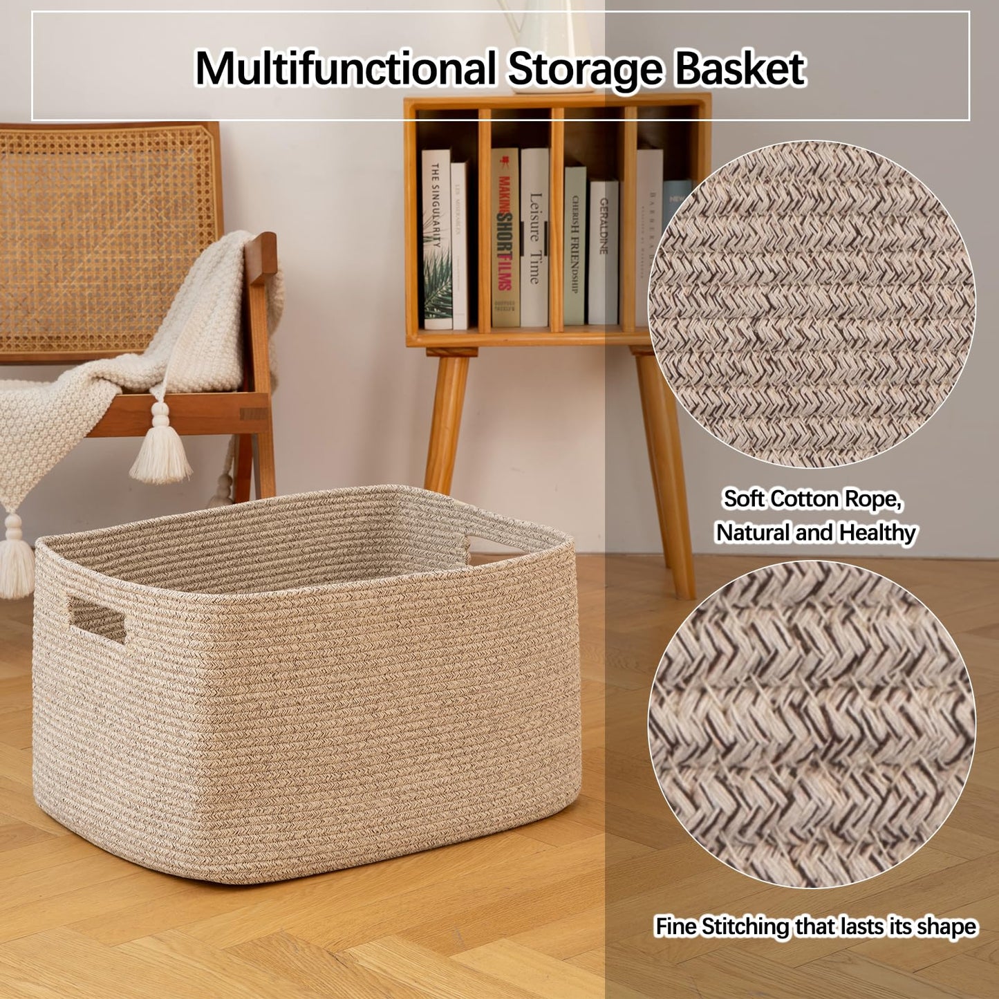OIAHOMY 70L Large Cotton Rope Basket 22”x17”x12”, Woven Nursery Laundry Blanket Basket,Storage Basket with Handle,Brown variegated