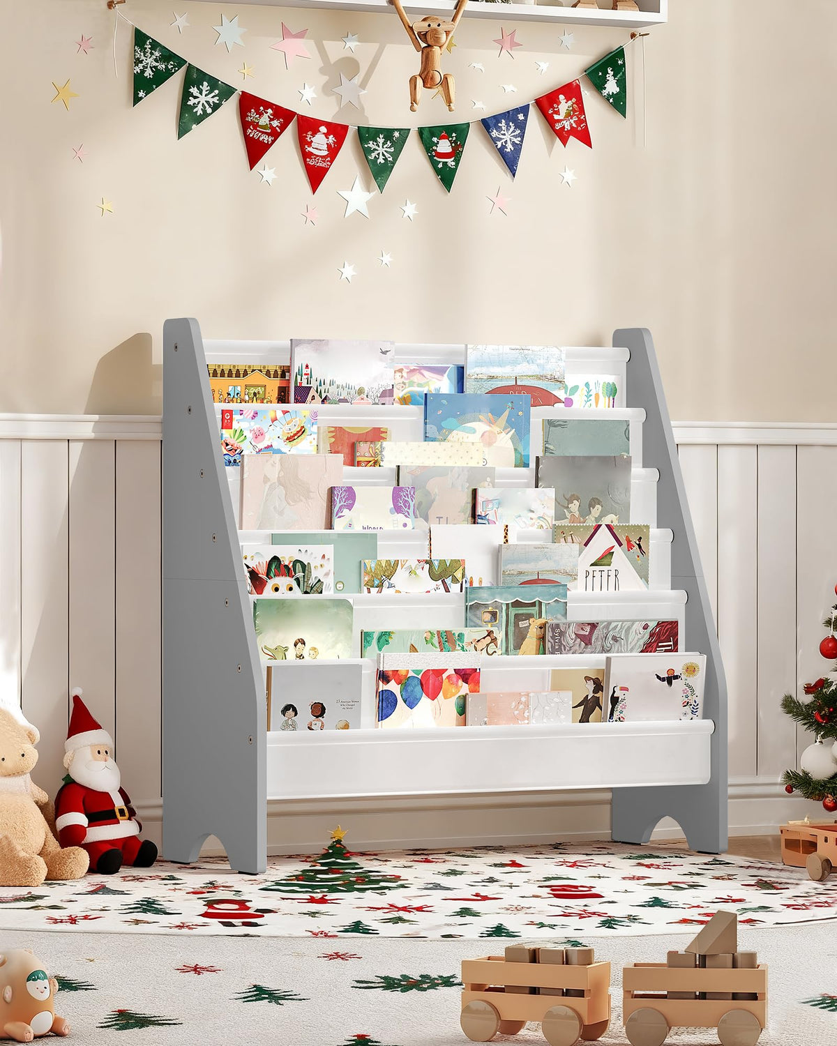 CHOEZON 6-Tier Kids Bookshelf, Kids Sling Bookcase, Magazine and Book Storage Rack, Large Capacity Book Organizer, Book Shelf for Kids Room, Bedroom, Nursery, Playroom, White and Gray MCW07WG
