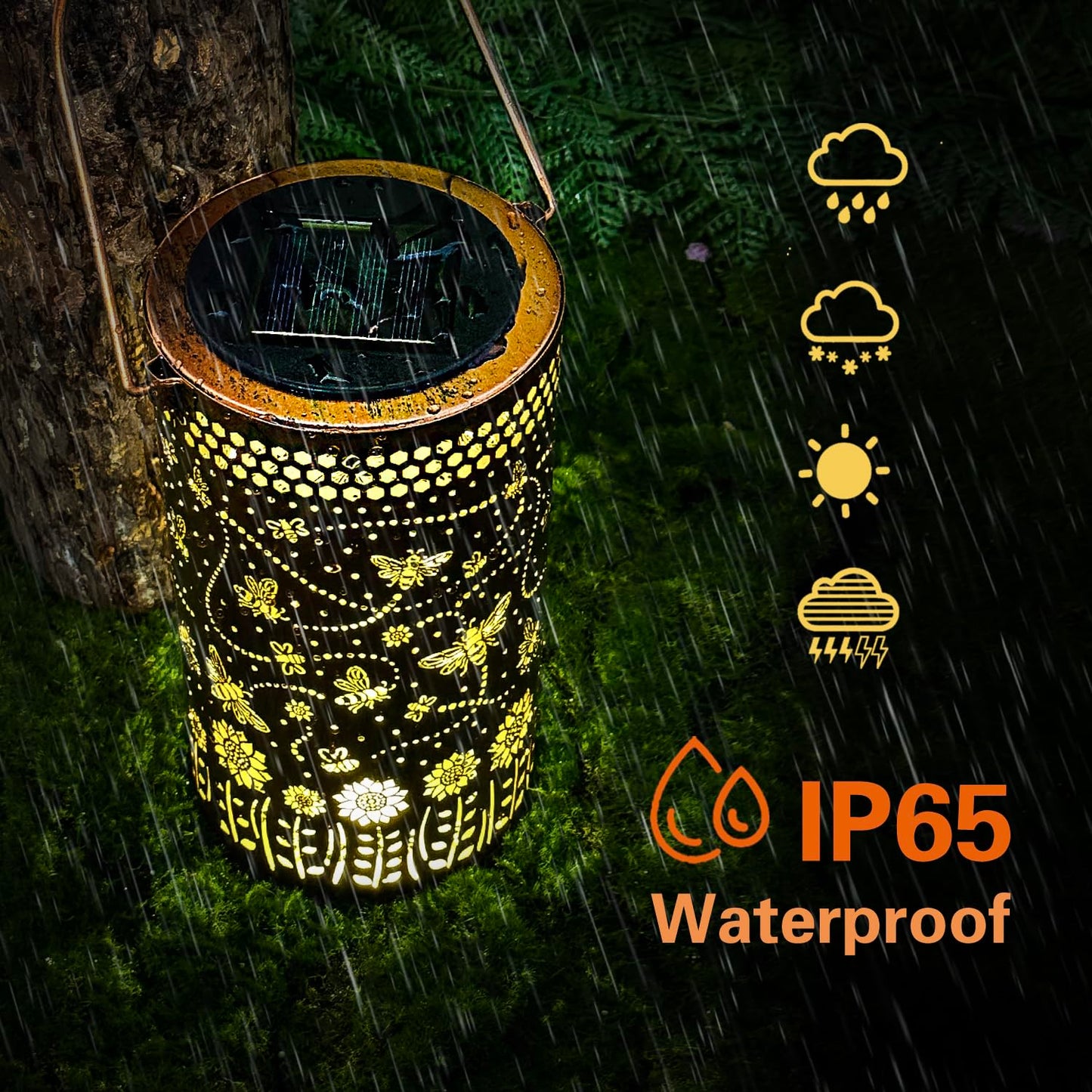Bee Solar Lanterns Outdoor Waterproof Hanging Solar Lights Bee Gifts for Women Men Metal Honeybee Decorative LED Lanterns for Yard, Patio, Lawn, Tabletop, Pathway, Landscape, Garden Decor