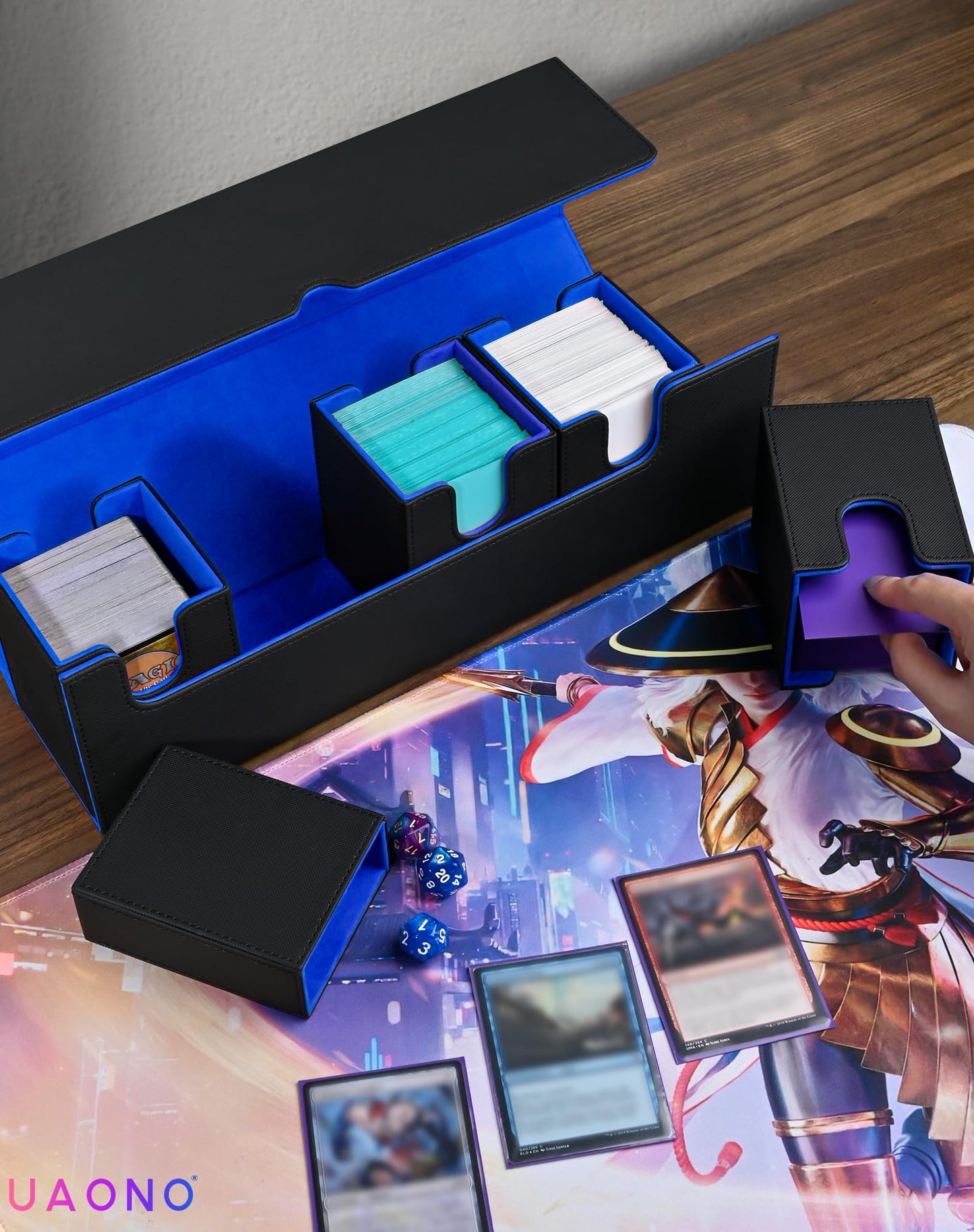 Card Deck Box with Dice Tray for MTG, 5 in 1 Deck Case Holds 800+ Unsleeved Cards, Strong Magnet Card Organizer Compatible with Yugioh TCG Sports (Black Blue)