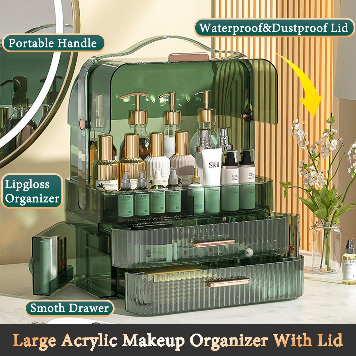 LINFIDITE Cosmetics Storage Box Transparent Lid Large Makeup Organizer Box Drawers Portable Handle Waterproof Dustproof Skincare Display Cases for Countertop, Bathroom, Dresser,Gift Clear Green