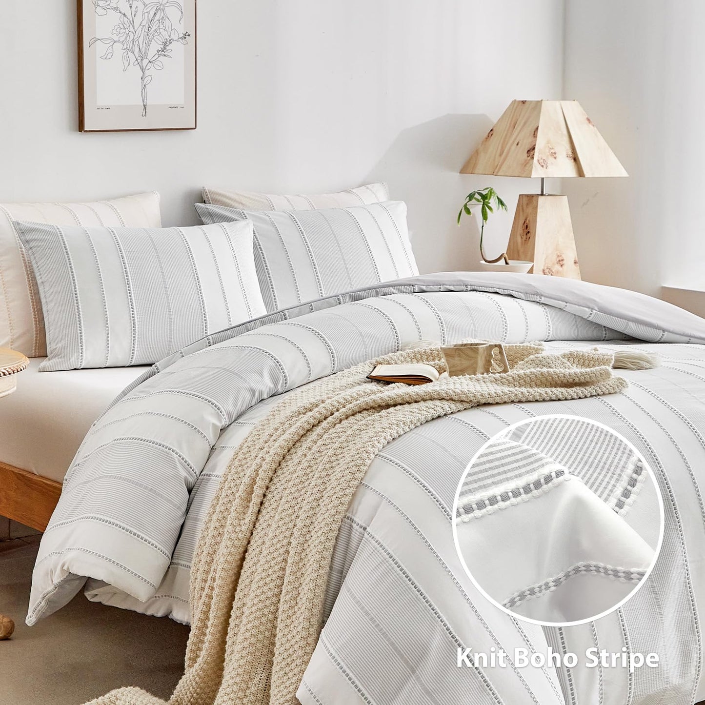 WARMDERN Striped Duvet Cover Lightgrey Queen, Lightgrey with White Striped Weave Pattern Bedding, Microfiber Soft Textured Duvet Cover Set with Zipper Closure and Corner Ties (Lightgrey, Queen)