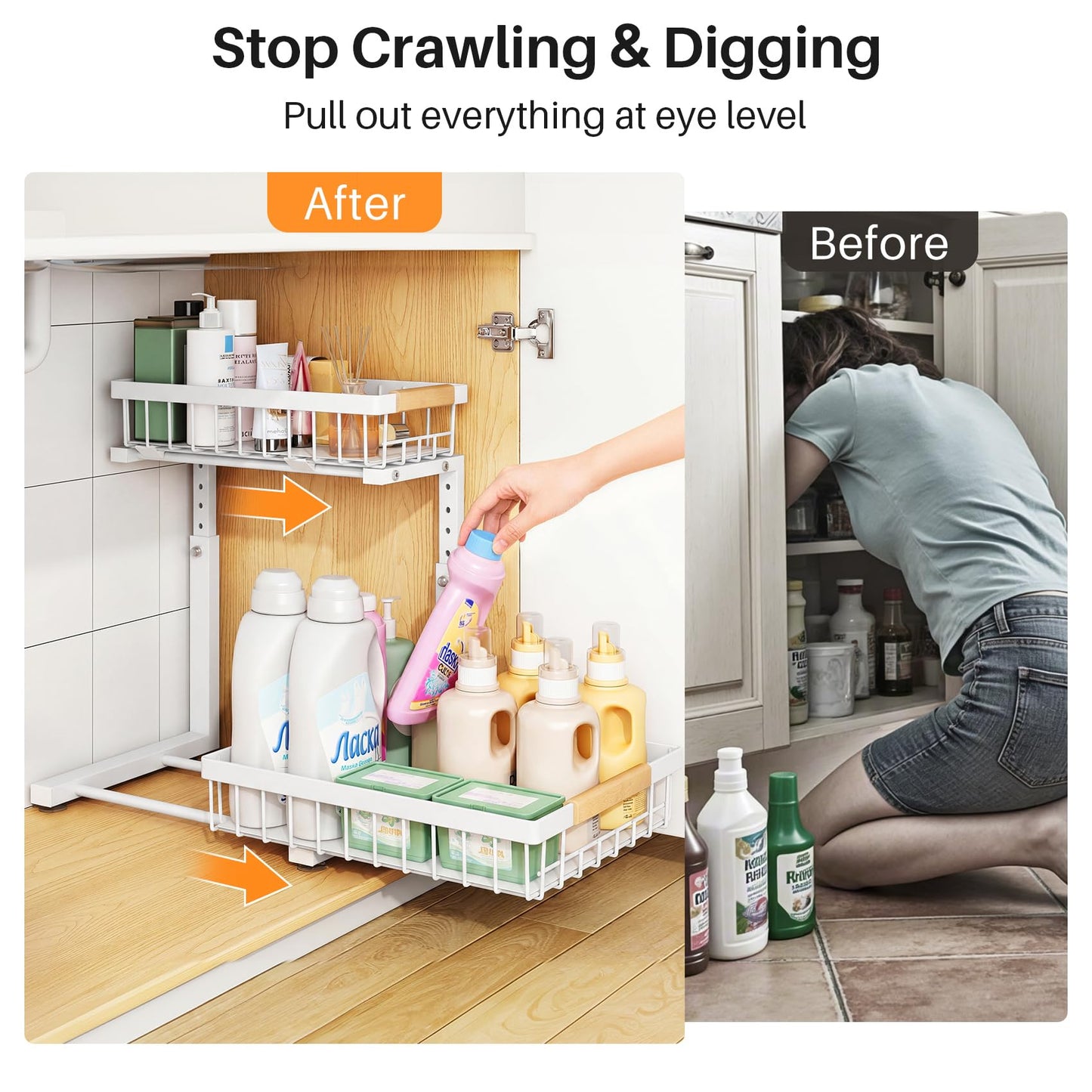 PXRACK 2 Pack Under Sink Organizer,Adjustable Height,2 Tier Pull Out Under Cabinet Organizer,Slide Out Thickened Metal Under Sink Storage for Kitchen Bathroom Laundry Cabinet Pantry,White