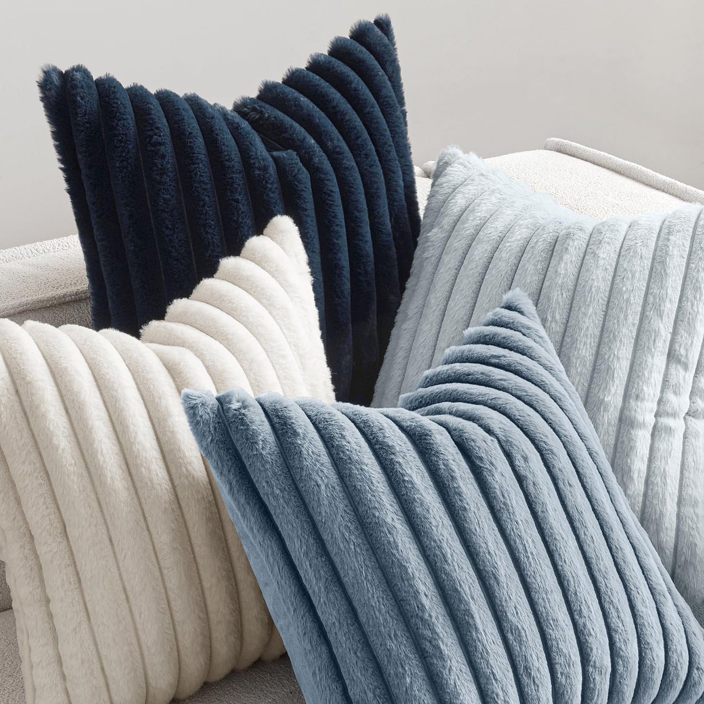 MIULEE Faux Fur Plush Decorative Throw Pillow Covers 18x18 Set of 4, Modern Soft Fuzzy Coastal Striped Cushion Covers for Sofa Couch Bed Living Room Cozy Home Decor,Navy Blue