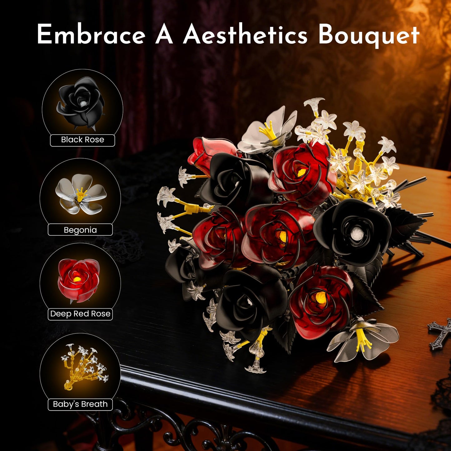 Soolio Rose Flower Bouquet Building Set for Adults, Anniversary Birthday Gift for Women Teen Girlfriend, Artificial Floral Botanicals Collection Gothic Decor for Home or Office (414 PCS)