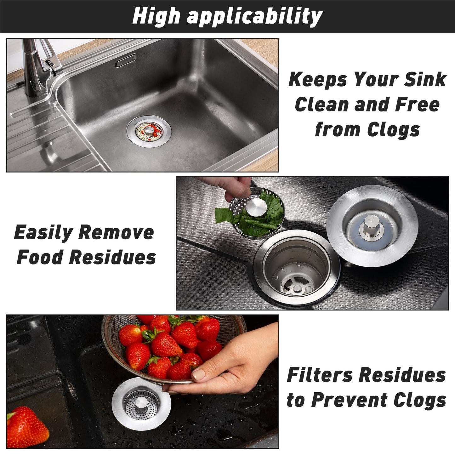 Kitchen Sink Drain Strainer 3-in-1, Stainless Steel Pop-Up Sink Stopper with Copper Bounce Core, Anti-Clog Food Catcher Basket, Universal Brass Strainer for US Standard 3-1/2 Inch Drains (2)