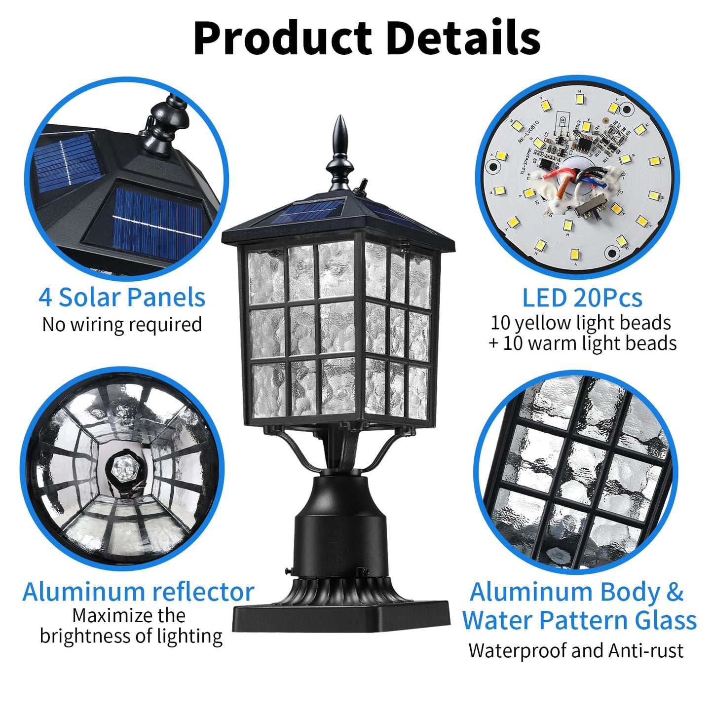 YSN 16.5" Solar Post Lights Outdoor, Dusk to Dawn Outdoor Post Lights Solar Lamp Post Light, Black Solar Pole Light Outdoor with Base, Waterproof Solar Light Posts for Outside Yard Garden, 1 Pack