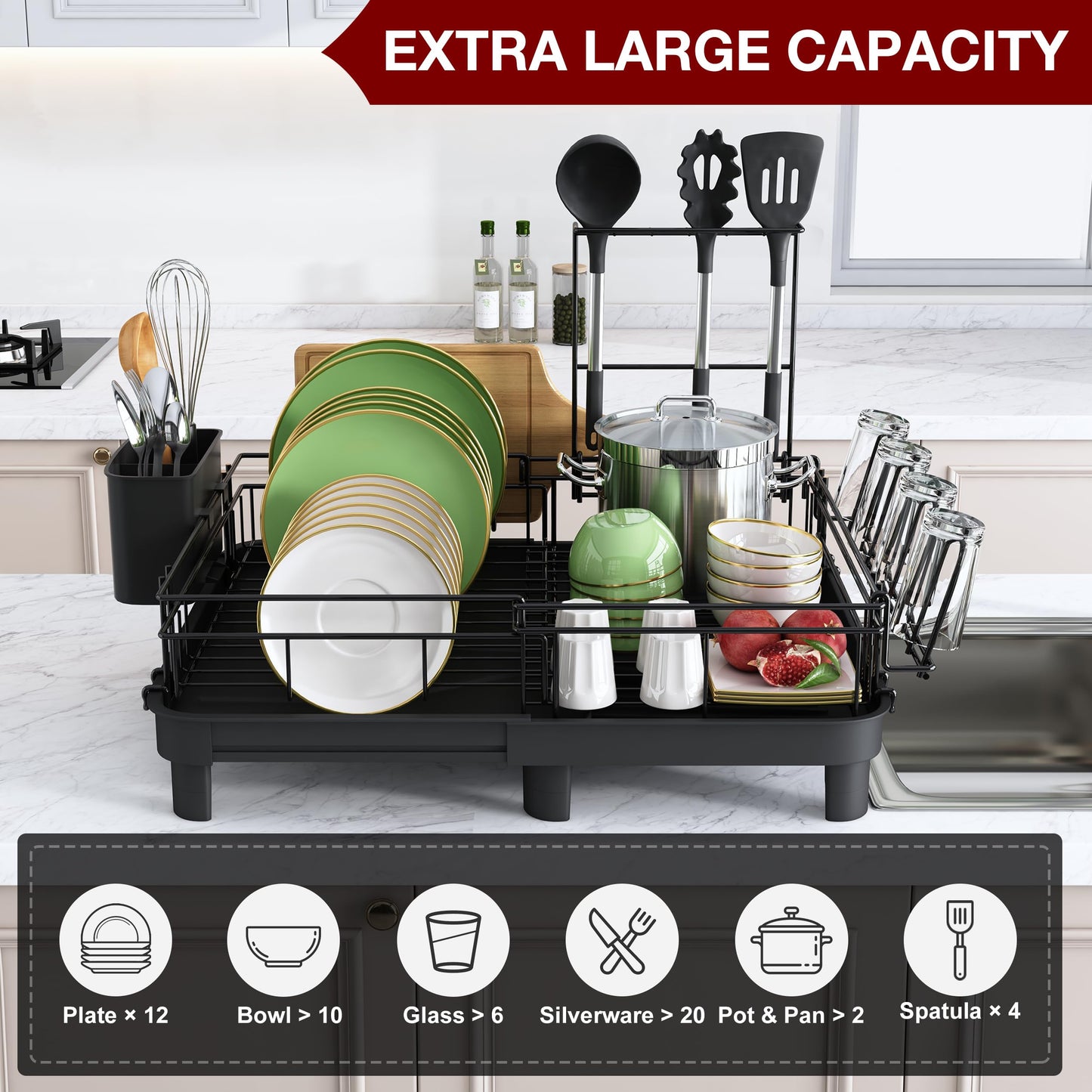 MAJALiS Extendable Dish Drying Rack - Dual Part Dish Racks with Drain Board, Adjustable Large Dish Drainer with Utensil Holder, Spatula Holder and Cutting Board Holder, X-Large 32.5-52 cm, Black