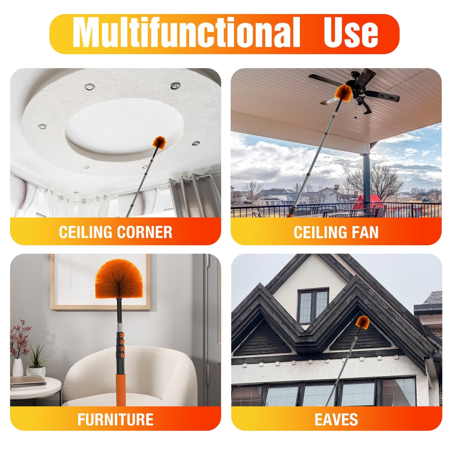 LAANPOLE 20FT (26FT Reach) Cobweb Duster with Extension Pole, Spider Web Brush for Cleaning Extendable, Professional Ceiling and Corner Dusters for Outdoor Indoor Use