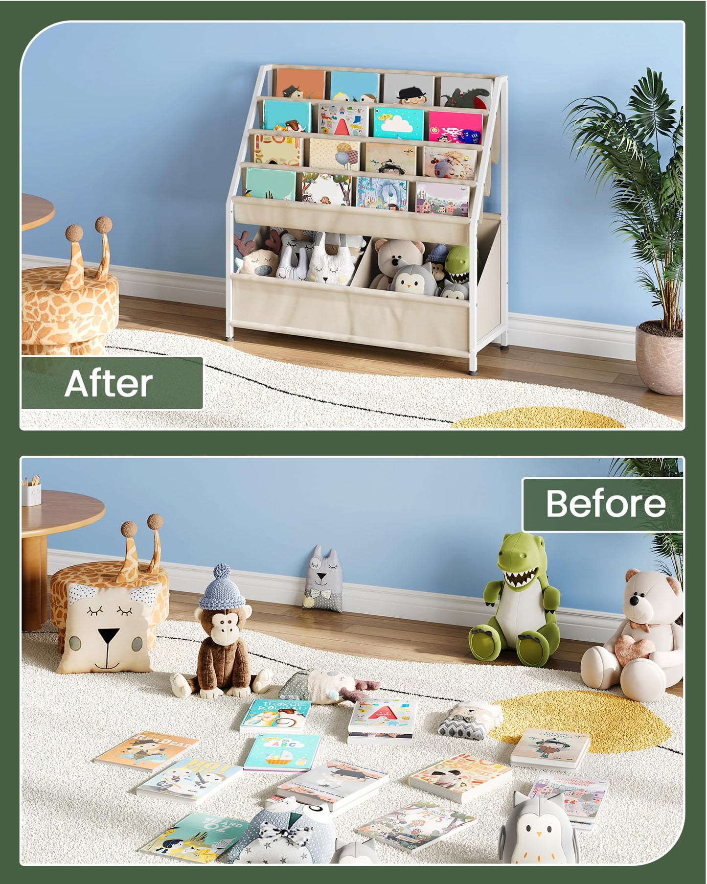 CHOEZON Kids Bookshelf with 4-Tier Oxford Slings, Kids Book Rack with Toy Storage, Magazine Book Rack, Large Capacity Book Organizer for 3-8 Years Olds, for Kids Room, Nursery, Playroom, Beige TCW09WM