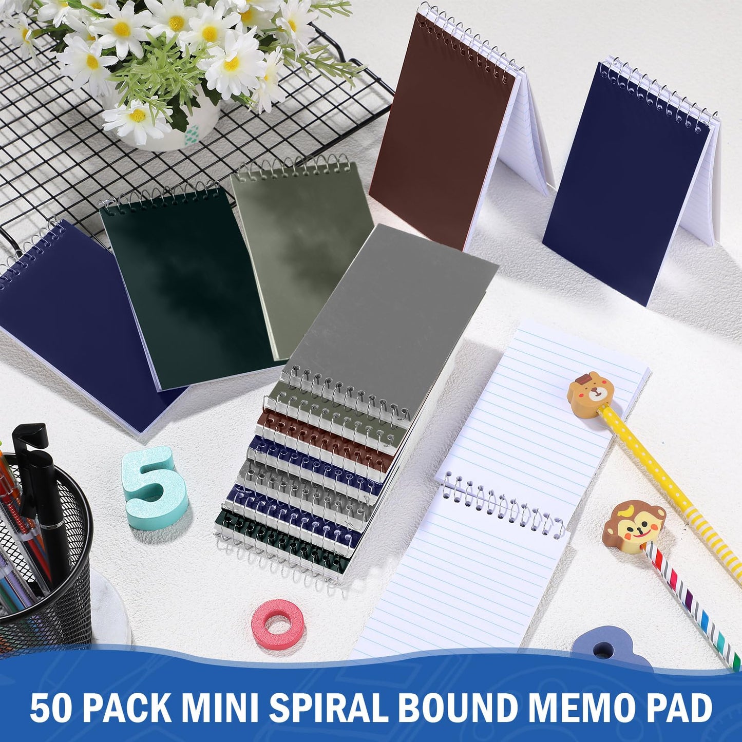 Teling 50 Pieces Spiral Memo Pads Bulk 3 x 5 Inch Small Note Pads Top Bound Lined College Ruled Paper Mini Notepad Pocket Spiral Notebooks for School Office Home Supplies, 75 Sheets (Mixed Colors)