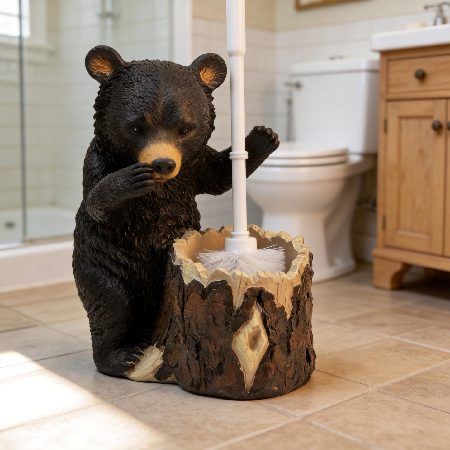 BGBWBFBR Whimsical Black Bear Toilet Brush Holder Set - Unique Cub Shape Decorative Bathroom Cleaning Kit for Cabin Owners, Bear-Themed Home Decor, Cozy Cabin Gifts