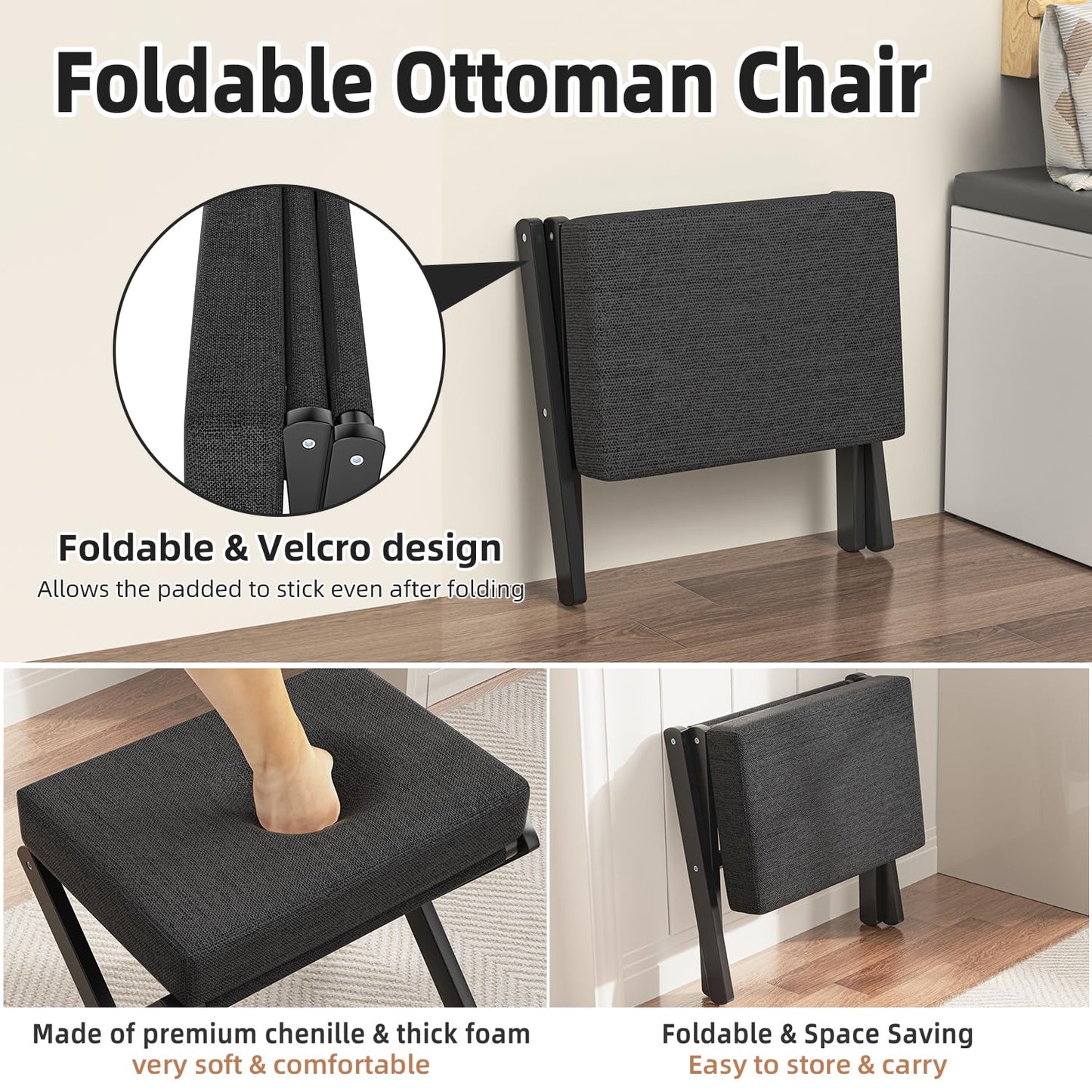 BAMBOOHOMIE Foldable Foot Stool Ottoman, Modern Foot Rest with Bamboo X Legs & Thick Foam Cushion, Folding Foot Stools Small Padded for Bedroom Living Room, Makeup Vanity Stool Chair (Black - Black)