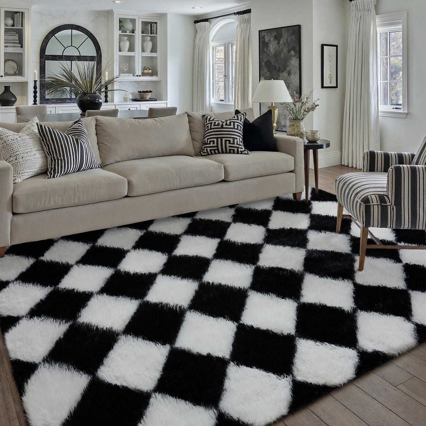 PureCozy 5x8 Black and White Checkered Rugs for Living Room Soft Modern Fluffy Shag Area Rug Washable Fuzzy Carpets Thickened Felt Bedroom Plaid Tapis Salon Plush Rug Nursery Home Dorm Aesthetic Decor
