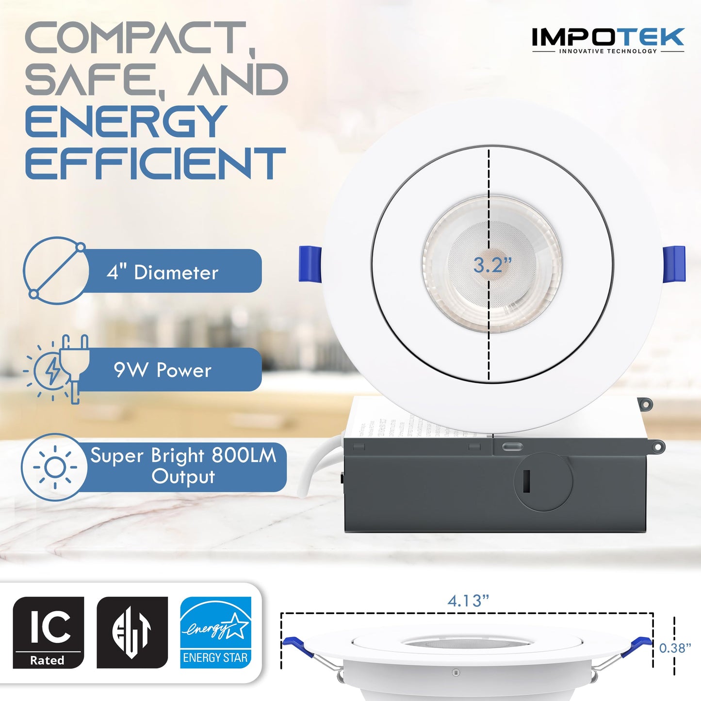 IMPOTEK 4 Inch Gimbal Eyeball Light, LED Recessed Ceiling Light with Junction Box 5 CCT 2700K/3000K/3500K/4000K/5000K Dimmable IC Rated ETL Energy Star Listed 9W 800LM - RCL1T-9W4IN (Pack of 6)