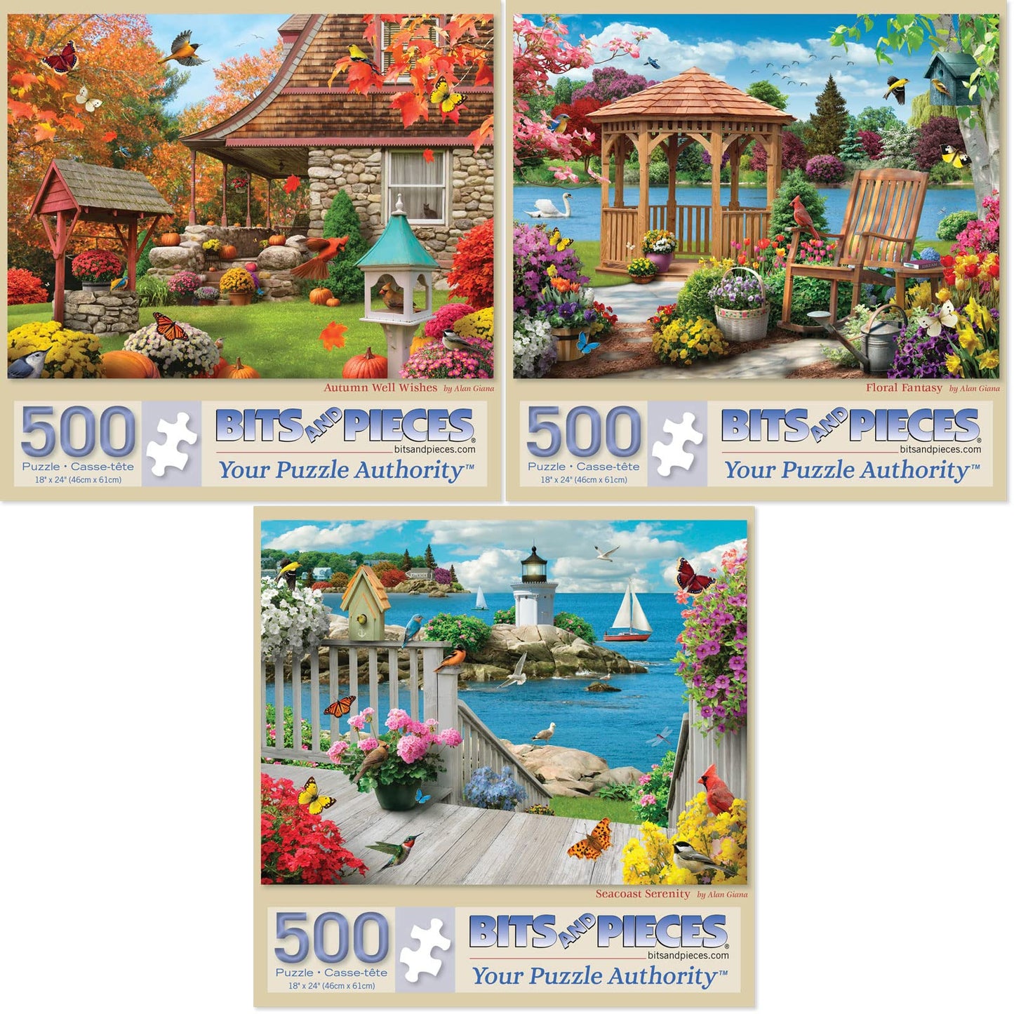 Bits and Pieces – Value Set of Three 500 Piece Jigsaw Puzzles for Adults – Autumn Well Wishes, Seacost Serenity, Floral Fantasy Jigsaw Puzzles by Artist Alan Giana, Completed Puzzle Size: 18" x 24"