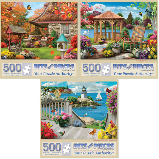 Bits and Pieces – Value Set of Three 500 Piece Jigsaw Puzzles for Adults – Autumn Well Wishes, Seacost Serenity, Floral Fantasy Jigsaw Puzzles by Artist Alan Giana, Completed Puzzle Size: 18" x 24"