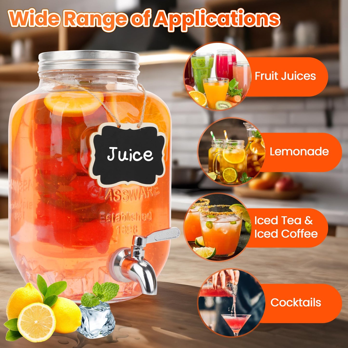 Set of 2 Glass Drink Dispensers for Parties, 1 Gallon Ice Beverage Dispensers with Stand, Juice Dispenser with Fruit Infuser & Leak-Proof Spigot, Ideal for Lemonade, Tea, and Party Drinks