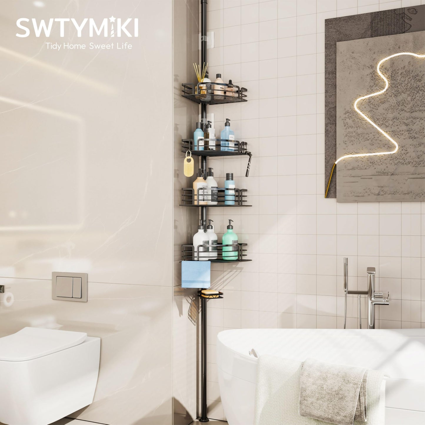 SWTYMIKI Shower Caddy Tension Pole - Rustproof Tension Shower Caddy Corner with Towel Bar & Soap Holder, Adjustable Shower Shelves Shower Organizer for Bathroom Storage, 27.6-108.3 inch, Black