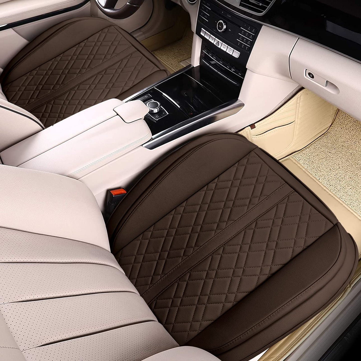 2 Pack Car Seat Cover for Front Car Seat Bottom,Luxury PU Leather Seat Cushion Protector Auto Interior Seat Cover Without Backrest,Full Wrapping Edge Works with Sedan SUV Pickup Minivan (Brown)
