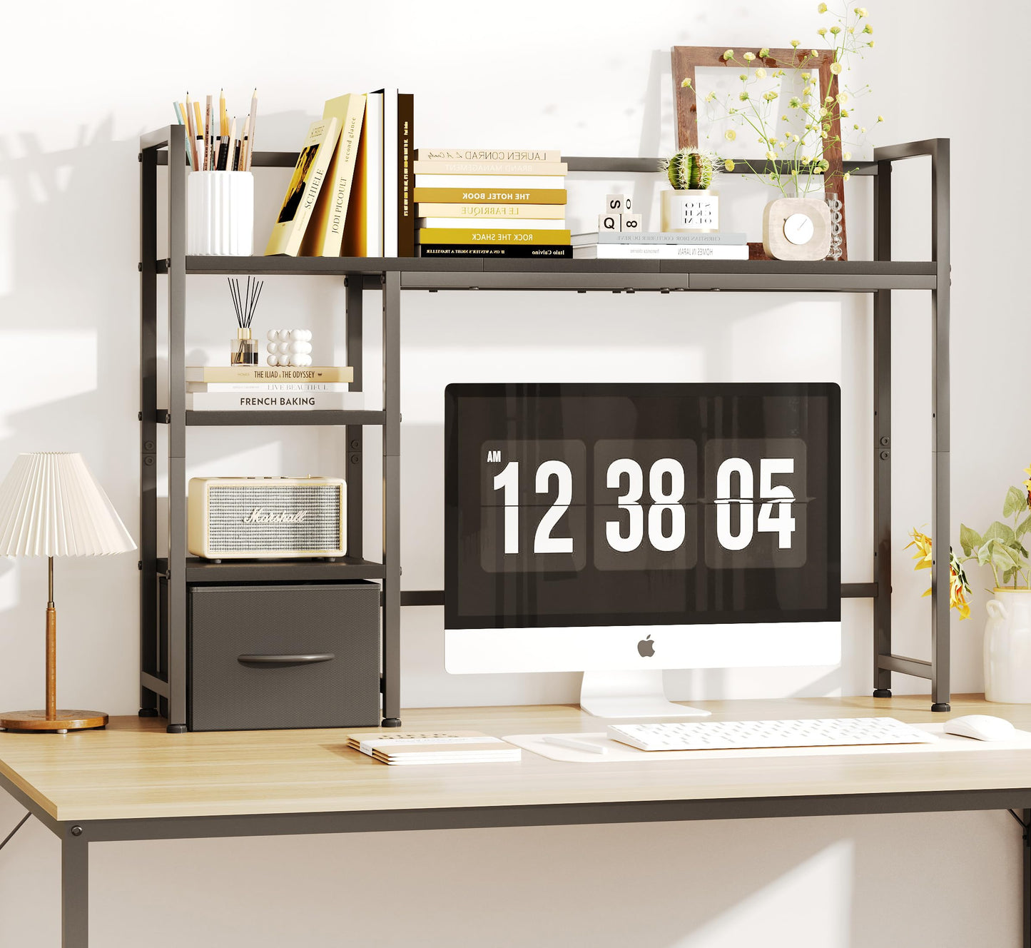 COTUBLR Desk Shelf, 41.3" Desktop Organizer Shelf, Desk Hutch for Computer Monitor, 4 Tier Desktop Display Rack, Wood Desktop Bookshelf Storage Rack for Home Office Dorm, Black