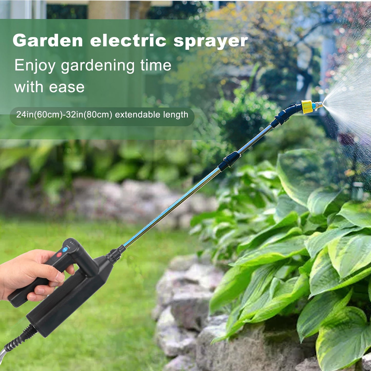 Battery Powered Sprayer, Electric Sprayer with 5 Nozzles and 16.4FT/5M Hoses, USB Rechargeable Handle, 32 Inch Telescopic Wand, Multipurpose Plant Sprayer for Yard Lawn Weed Plants