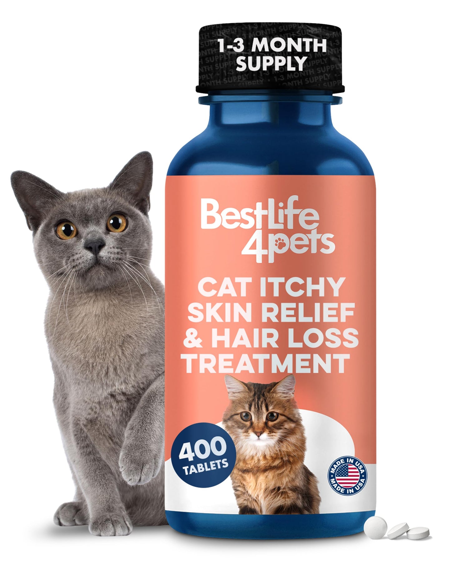 Cat Itchy Skin Relief & Hair Loss Treatment, Holistic Allergy Relief for Cats Calms Dry Skin, Dandruff & Reduces Licking, Scratching, Patchy, Matted and Shedding Fur, 400 Easy to Use Pills