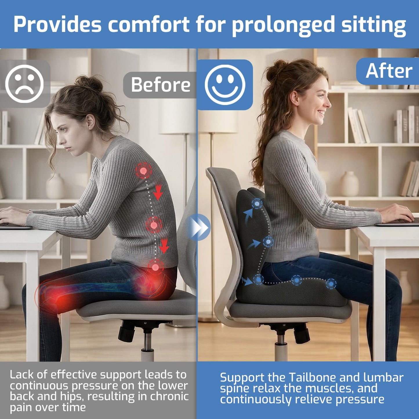 ECONVCE Memory Foam Seat Cushion,Car Chair Cushion with Lumbar Support,Ergonomic Seat Cushion for Sciatica,Back Pressure Pain Relief for Office,Car,Truck
